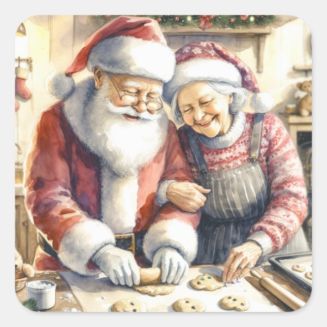 Mr and Mrs Claus Baking Cookies Custom Christmas Square Sticker (Front)