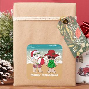Mr. and Mrs. Claus Christmas Holiday beach Square Sticker