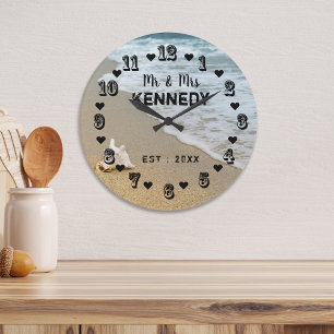 Mr And Mrs Coastal Beach Wedding Large Clock