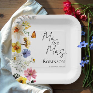 Mr. and Mrs.   Colourful Wildflower Boho Wedding Paper Plate