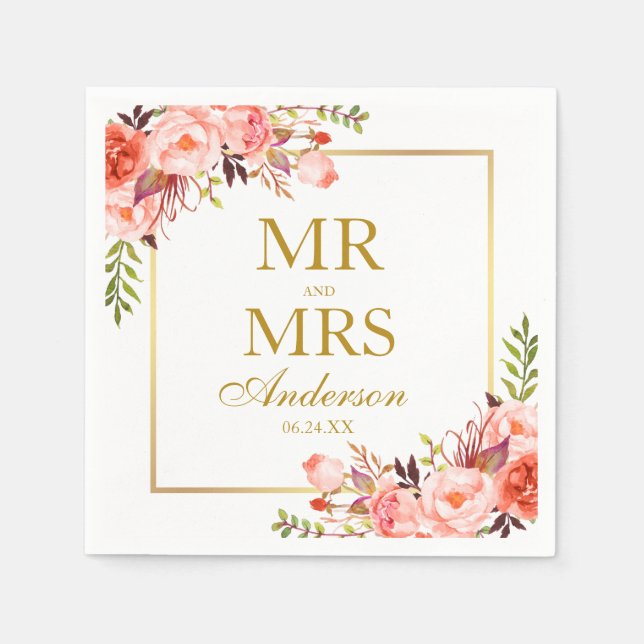 Mr. and Mrs. Coral Floral Gold Wedding Napkin (Front)