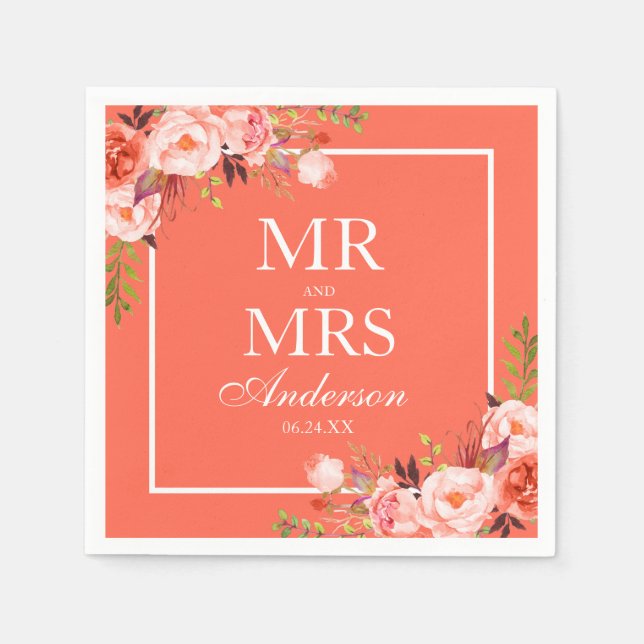 Mr. and Mrs. Coral Floral White Wedding Napkin (Front)