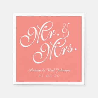 Mr. and Mrs. Coral Pink Wedding Paper Napkins