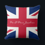 Mr and Mrs Custom Name Red White Blue UK Flag Cushion<br><div class="desc">Mr and Mrs Custom Name Union Jack British Flag. Great for a patriotic decor,  wedding,  anniversary,  birthdays and expats. Beautiful English red,  white and blue. The flag of the historical Union of Jacob.</div>