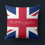 Mr and Mrs Custom Name Red White Blue UK Flag Cushion<br><div class="desc">Mr and Mrs Custom Name Union Jack British Flag. Great for a patriotic decor,  wedding,  anniversary,  birthdays and expats. Beautiful English red,  white and blue. The flag of the historical Union of Jacob.</div>