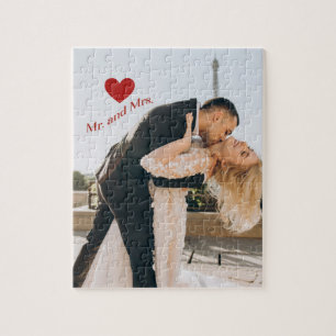 Mr. and Mrs. Custom Photo Red Sparkle Heart Jigsaw Puzzle