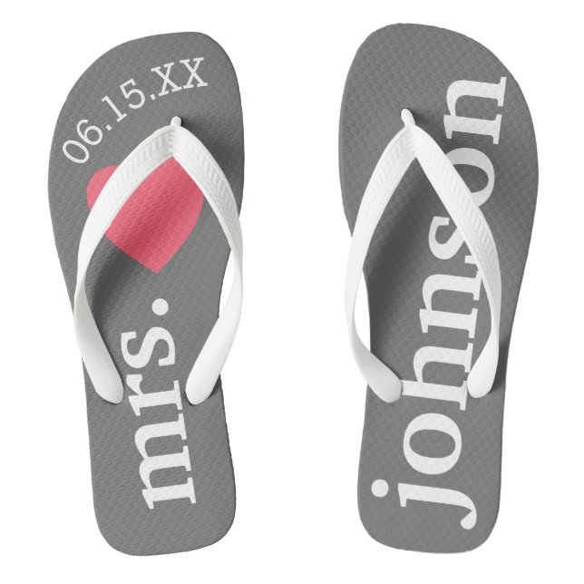 Mr. and Mrs. Custom Text Honeymoon with Heart Flip Flops (Footbed)