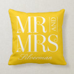 Mr and Mrs Custom Wedding Throw Pillow<br><div class="desc">Background colour can be customised online (to any colour!). Add your photo on the back,  or not! Designed by Berry Berry Sweet {www.berryberrysweet.com}</div>