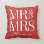 Mr and Mrs Custom Wedding Throw Pillow<br><div class="desc">Background colour can be customised online (to any colour!). Add your photo on the back,  or not! Designed by Berry Berry Sweet {www.berryberrysweet.com}</div>