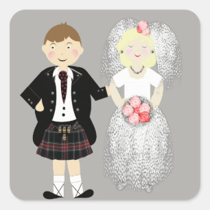 Mr and Mrs Cute Bride and Kilted Groom Square Sticker