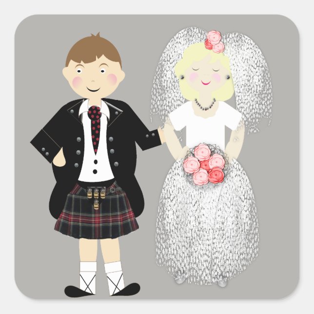 Mr and Mrs Cute Bride and Kilted Groom Square Sticker (Front)