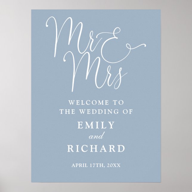 Mr And Mrs Dusty Blue Wedding Welcome Sign (Front)