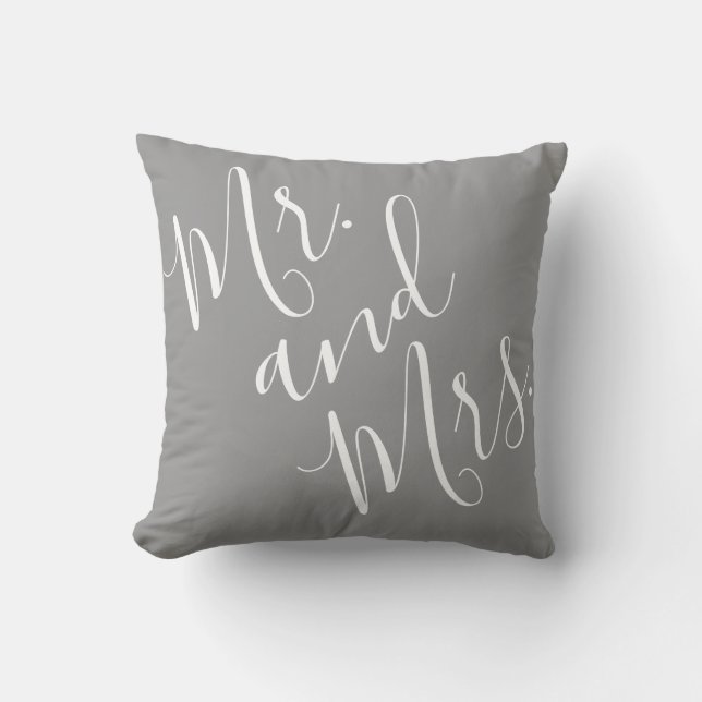 Mr. and Mrs. Elegant Calligraphy Grey White Script Cushion (Front)