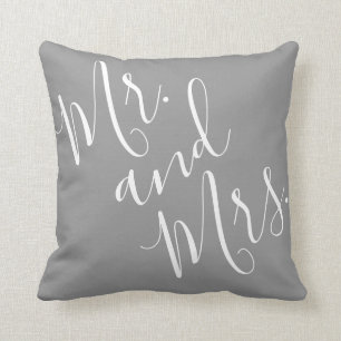 Mr. and Mrs. Elegant Calligraphy Grey White Script Cushion