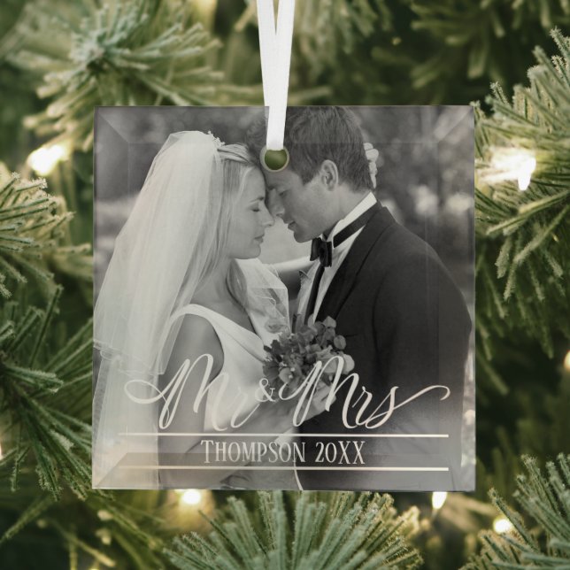  Mr. and Mrs. Elegant Christmas Photo Personalised Glass Tree Decoration (Insitu)