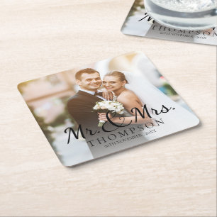 MR And MRS Elegant Cute Photo Wedding Party Square Paper Coaster