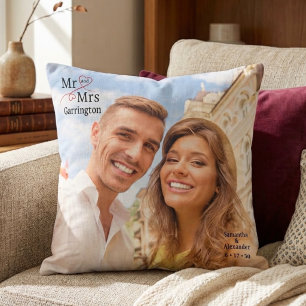 Mr and Mrs Elegant Heart Typography Photo Keepsake Cushion