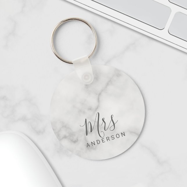 Mr and Mrs | Elegant Marble Modern Script Wedding Key Ring (Creator Uploaded)