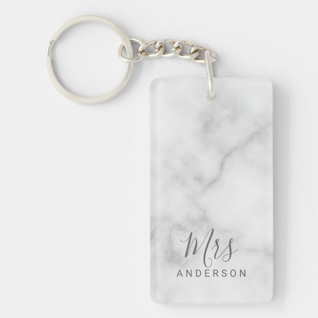 Mr and Mrs | Elegant Marble Modern Script Wedding Key Ring (Front)