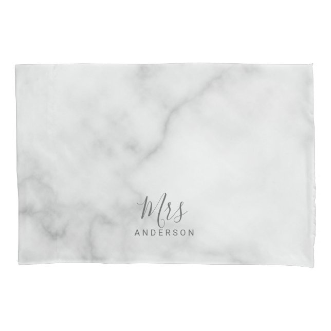 Mr and Mrs | Elegant Marble Modern Script Wedding Pillowcase (Front)