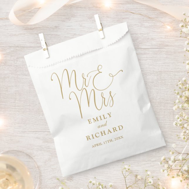 Mr And Mrs Elegant Modern Chic Gold Wedding Favour Bags (Clipped)