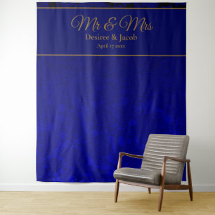 Mr And Mrs Elegant Navy Blue Gold Floral Backdrop Tapestry