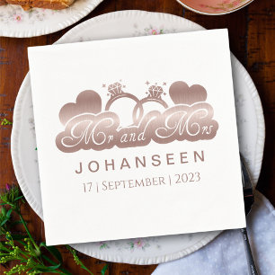 Mr and Mrs Elegant Rose Gold Foil Hearts Weddings  Napkin
