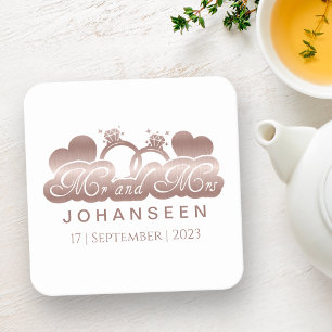 Mr and Mrs Elegant Rose Gold Hearts Wedding Favour Square Paper Coaster