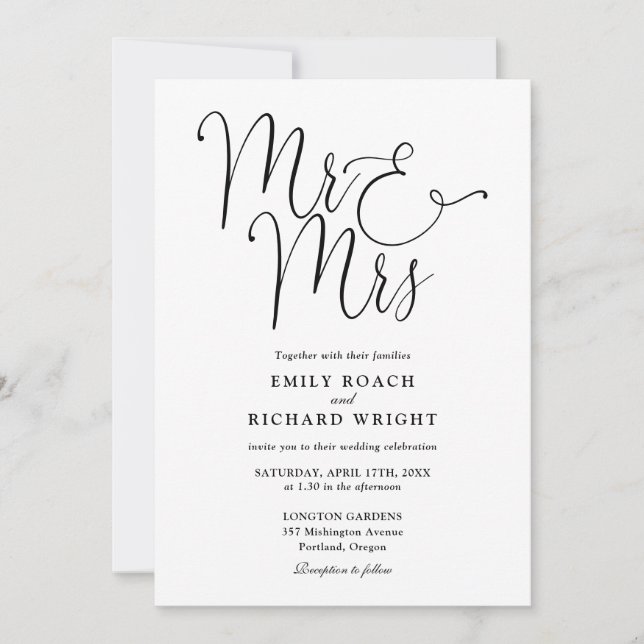 Mr And Mrs Elegant Script Black And White Wedding Invitation (Front)