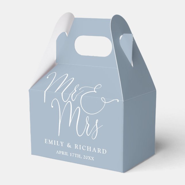 Mr And Mrs Elegant Script Dusty Blue Wedding Favour Box (Front Side)