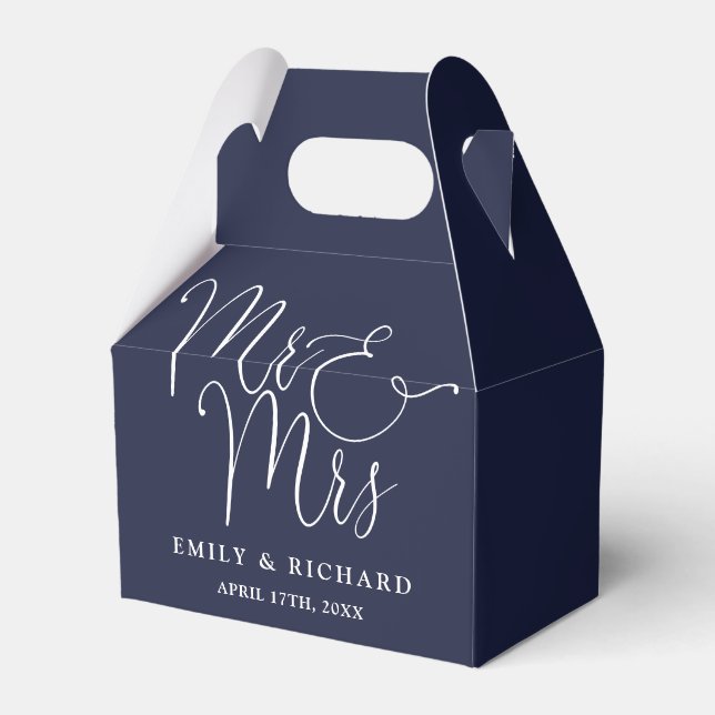 Mr And Mrs Elegant Script Navy Blue Wedding Favour Box (Front Side)