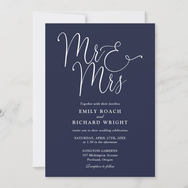 Mr And Mrs Elegant Script Navy Blue Wedding Invitation (Front)