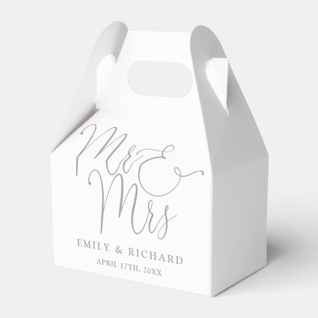 Mr And Mrs Elegant Script Sage Green Wedding Favour Box (Front Side)