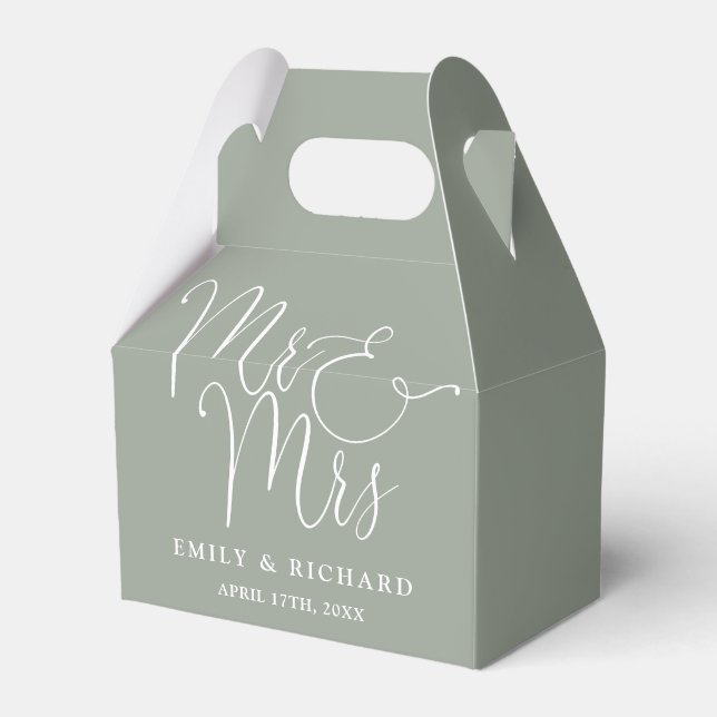 Mr And Mrs Elegant Script Sage Green Wedding Favour Box (Front Side)