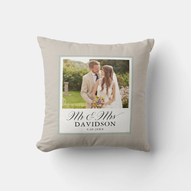 Mr and Mrs Elegant Script Teal Photo Newlywed Cushion (Front)