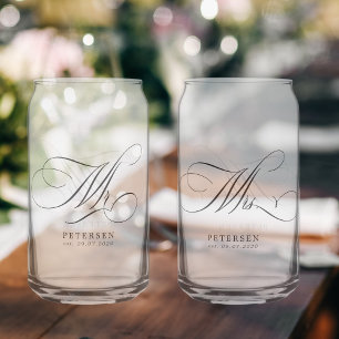Mr and Mrs elegant script wedding custom name date Can Glass