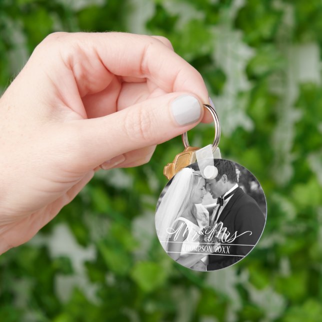  Mr. and Mrs. Elegant Stylish Photo Personalised Key Ring (Hand)