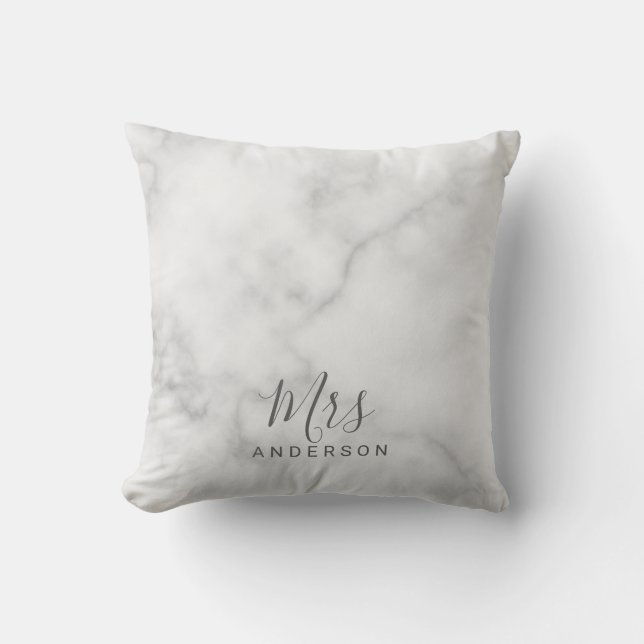 Mr and Mrs | Elegant White Marble Modern Script Cushion (Front)