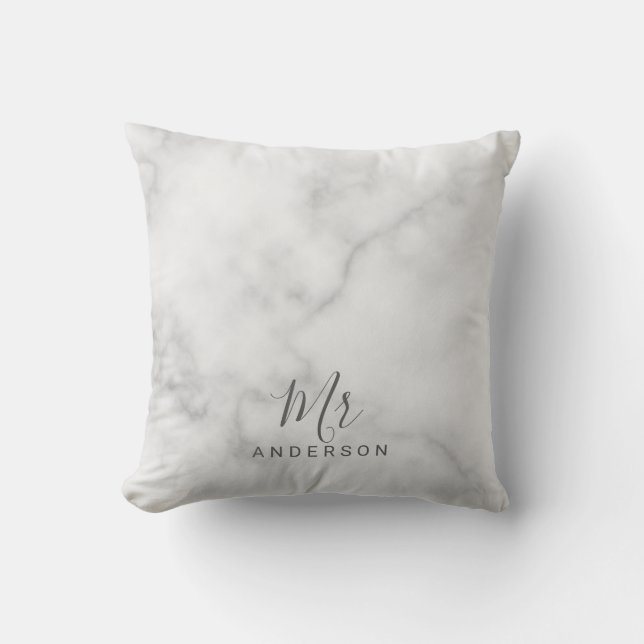 Mr and Mrs | Elegant White Marble Modern Script Cushion (Front)