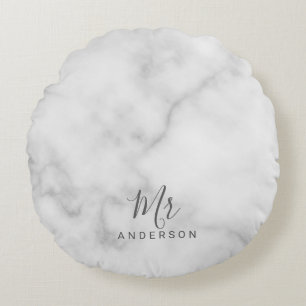 Mr and Mrs   Elegant White Marble Modern Script Round Cushion