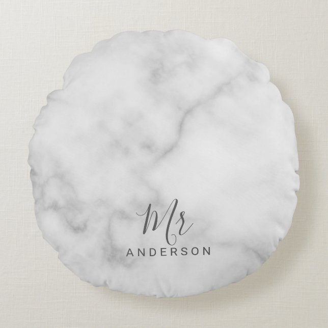 Mr and Mrs | Elegant White Marble Modern Script Round Cushion (Front)