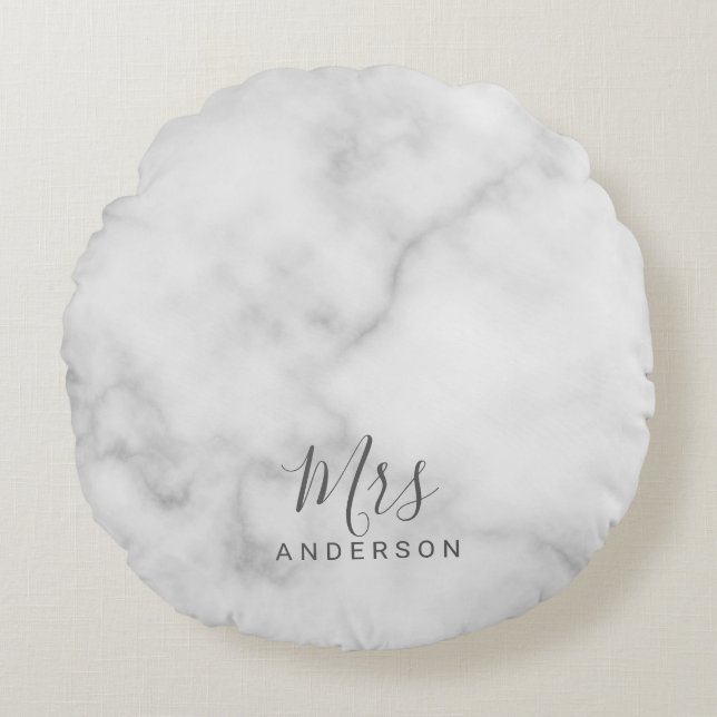 Mr and Mrs | Elegant White Marble Modern Script Round Cushion (Front)