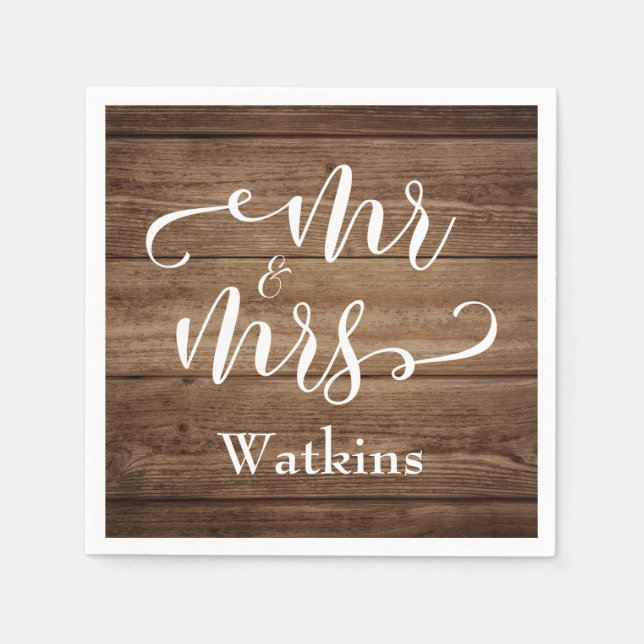 "Mr and Mrs" Elegant White Script on Rustic Wood Napkin (Front)