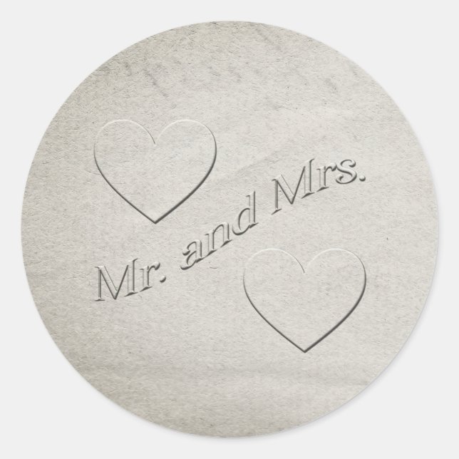 Mr and Mrs Embossed Design with Hearts  Classic Round Sticker (Front)
