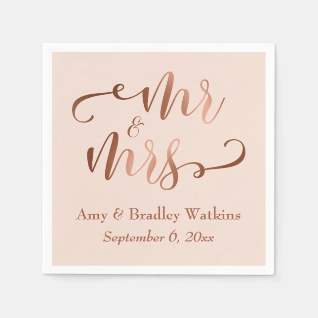 "Mr and Mrs" Faux Copper Script on Blush Pink Napkin (Front)