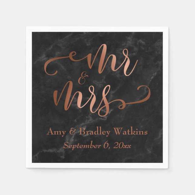 "Mr and Mrs" Faux Copper Script over Black Marble Napkin (Front)
