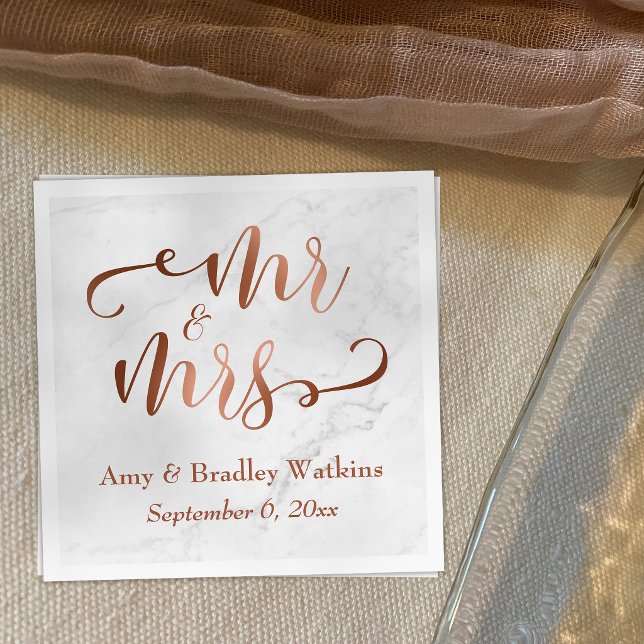 "Mr and Mrs" Faux Copper Script over White Marble Napkin (Creator Uploaded)