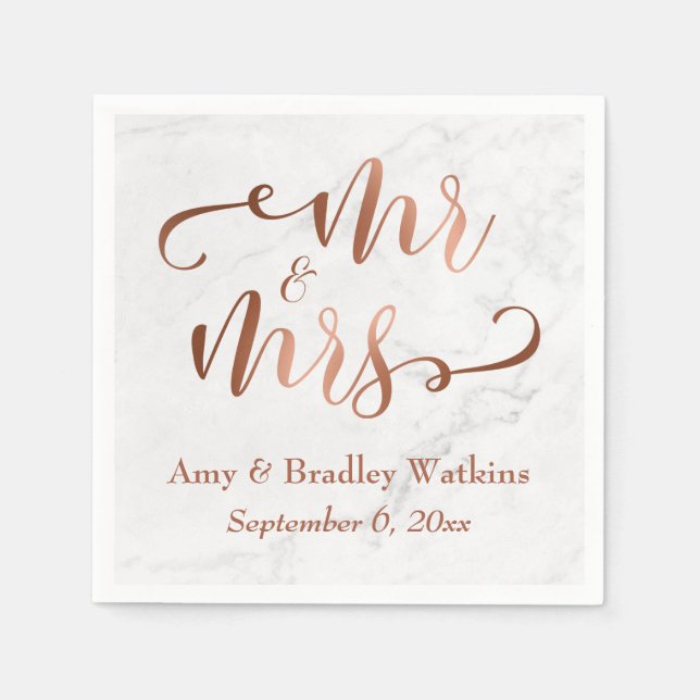 "Mr and Mrs" Faux Copper Script over White Marble Napkin (Front)