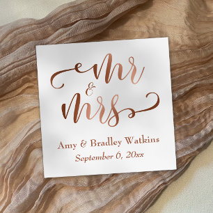 "Mr and Mrs" Faux Copper Typography Wedding Napkin