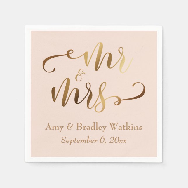 "Mr and Mrs" Faux Gold Foil Script on Blush Pink Napkin (Front)